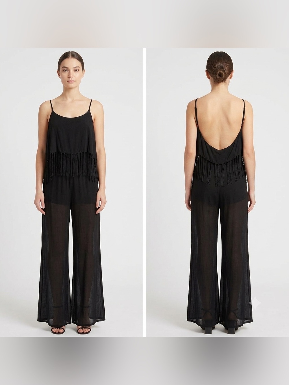 Indah Tenno Black Fringe Jumpsuit Low Back Sheer Wide Leg Resortwear Beach S